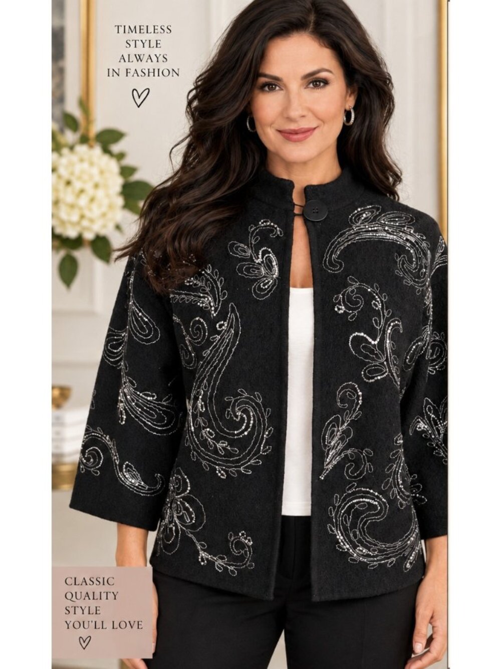 Jones New York Woman L Black Boiled Wool Jacket Paisley Embroidered Art to Wear